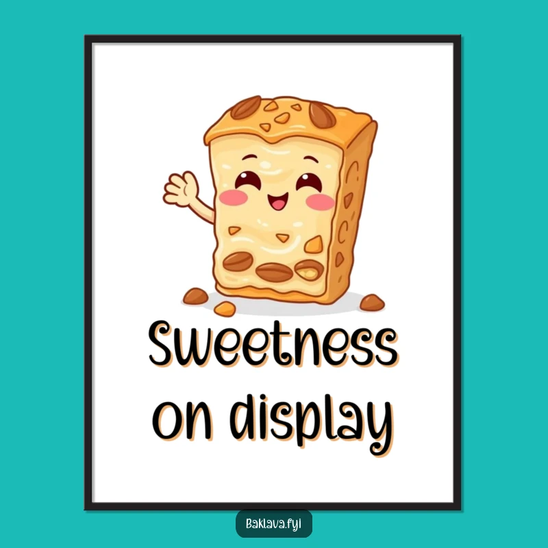 Funny Baklava Digital Art: Cheerful Nutty Slice Waving Hello, Sweet Printable Humor Gift