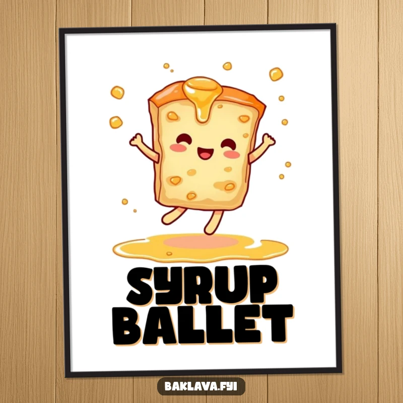 Funny digital art of a baklava slice performing a graceful dance, with syrup elegantly trailing, creating a visually sweet and humorous display.