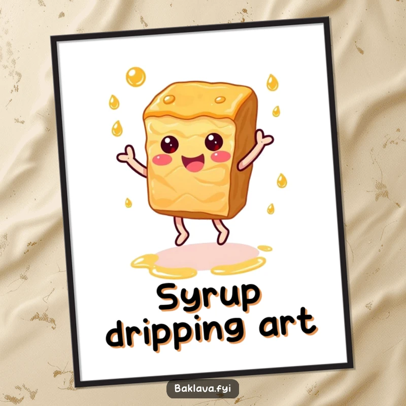 Funny happy baklava slice dancing joyfully with syrup droplets, a vibrant and humorous digital art print.