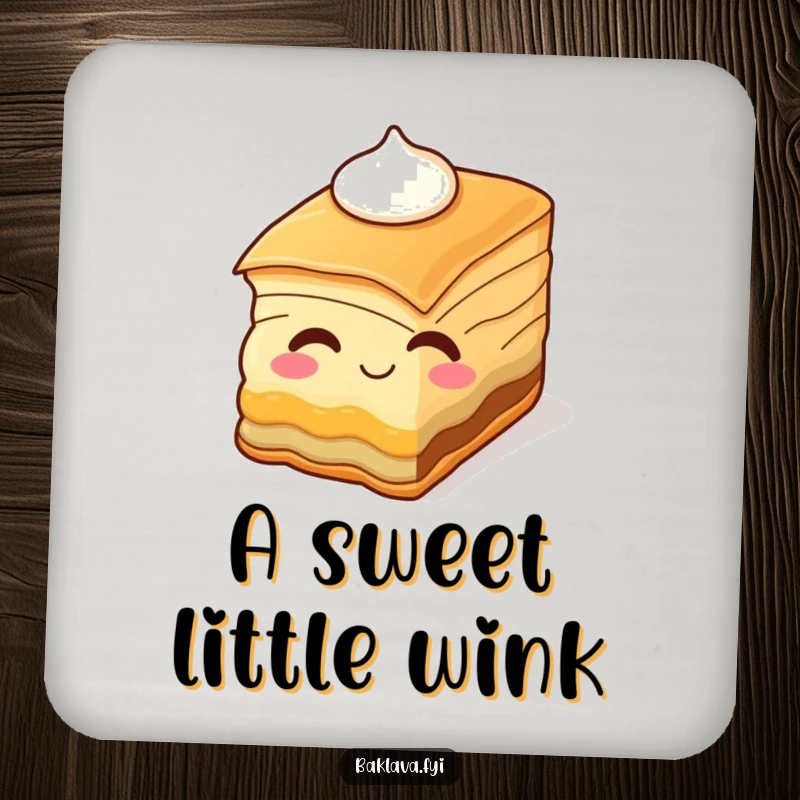 Funny baklava slice winking with cream, designed on a protective drink coaster. A sweet and humorous house accessory.
