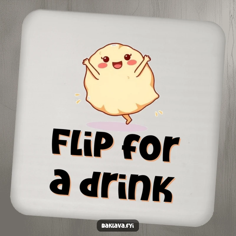 Funny phyllo dough sheet coaster with a cartwheeling dessert layer, protecting surfaces with baking charm.