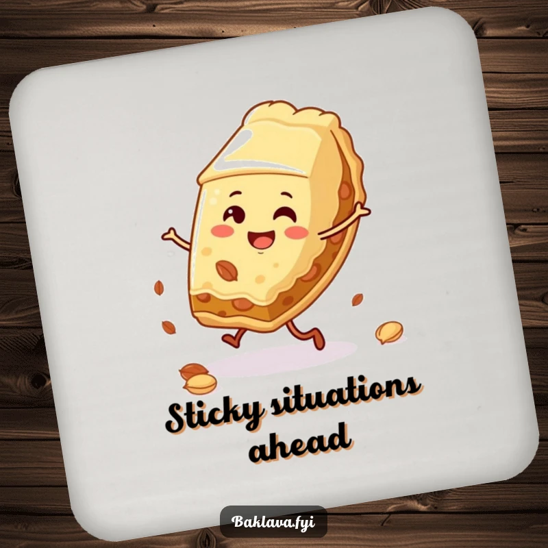 Funny baklava slice coaster doing a cartwheel with nuts, a protective and humorous accessory for coffee tables.