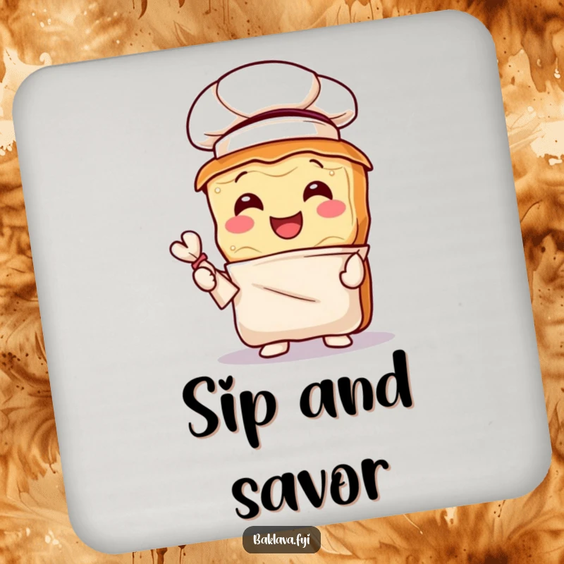 Funny baklava chef drink coaster showing a joyful pastry with a chef hat and pastry bag, protecting surfaces humorously.