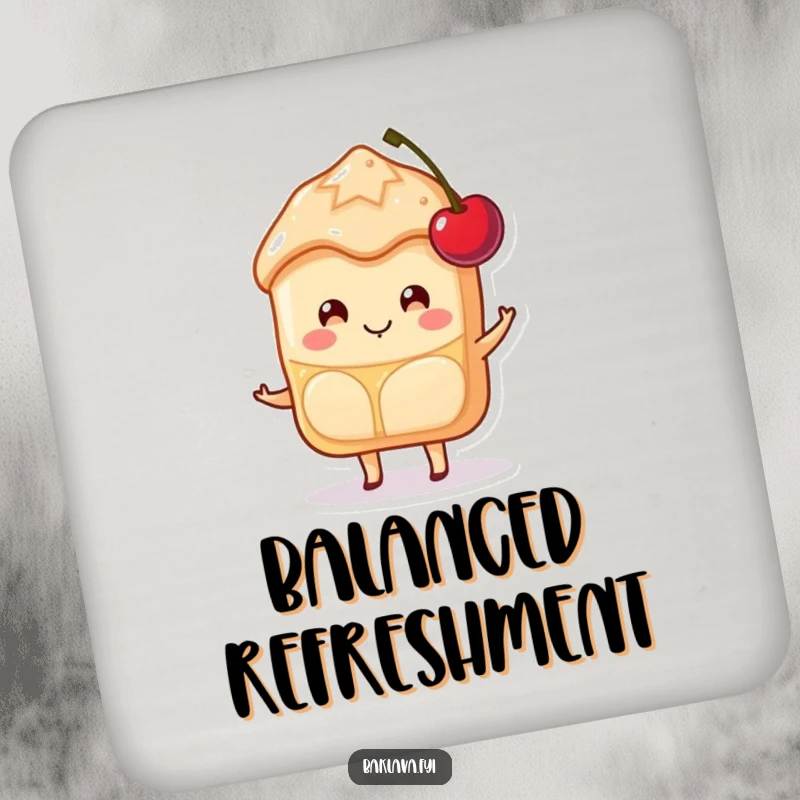 Funny Baklava Coaster featuring a happy slice character smiling while balancing a cherry, adding sweet humor to tables.