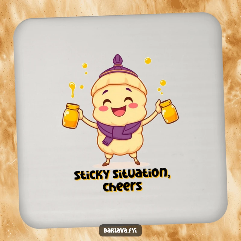 Funny coaster: a delighted baklava character juggles honey jars, protecting surfaces with a smile.