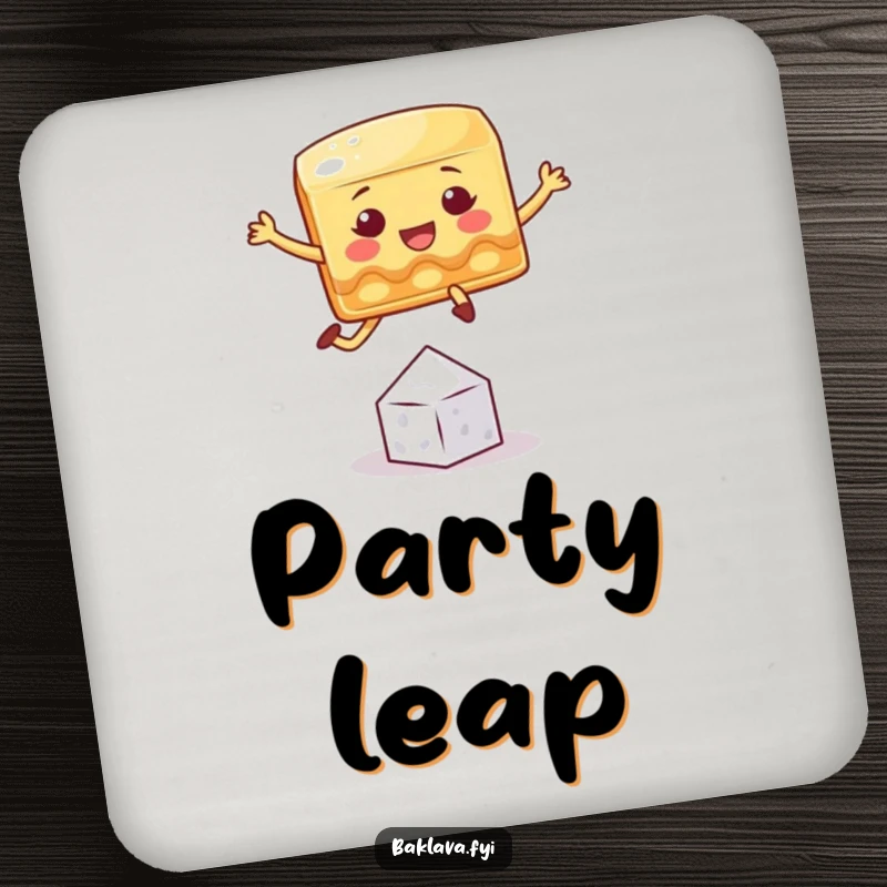 Funny baklava coaster featuring a playful square character jumping over a sugar crystal, protecting surfaces with humor.