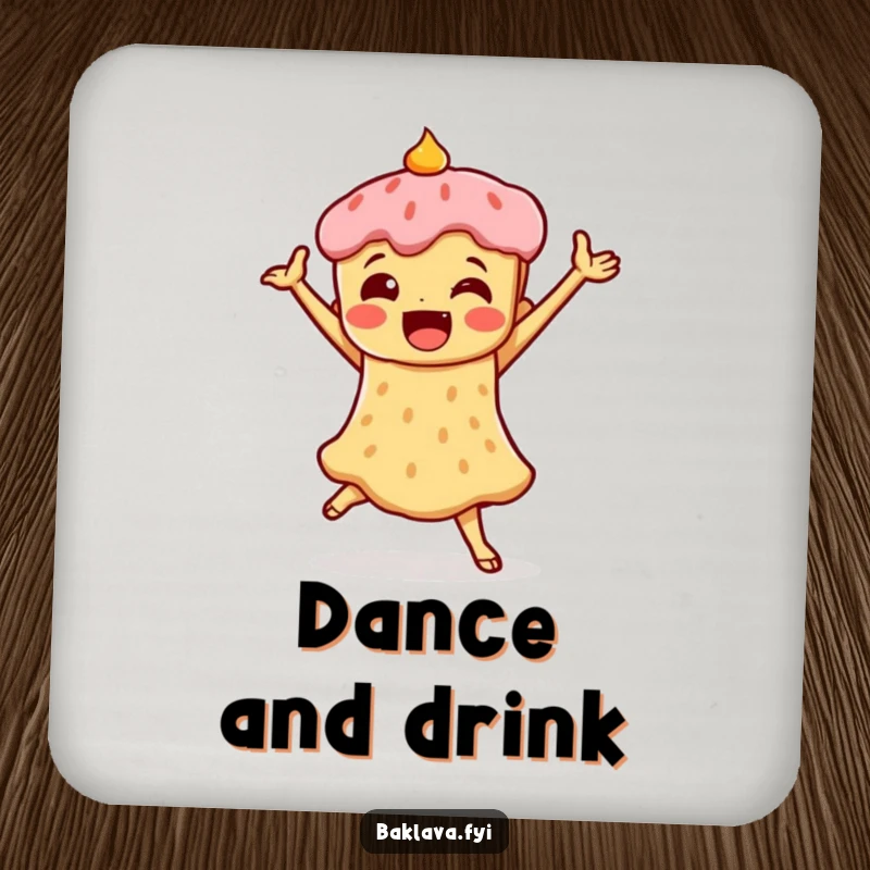 Funny coaster set featuring a piece of baklava in a triumphant dance pose, protecting surfaces with sweet, humorous celebration.