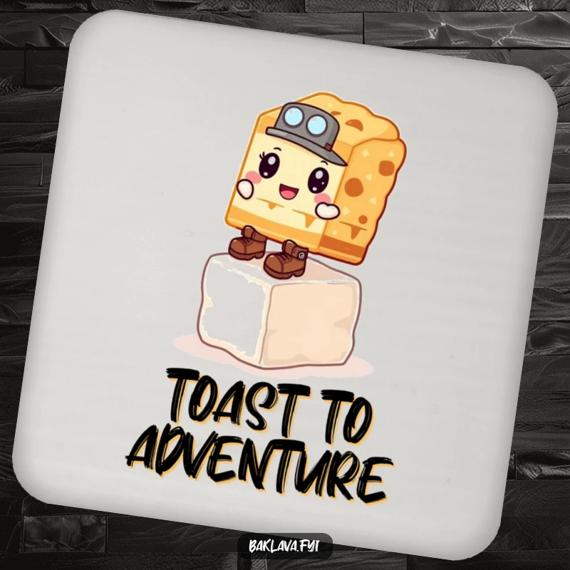 Funny Coaster: A baklava slice with explorer boots climbs a sugar cube, a funny addition to any table.