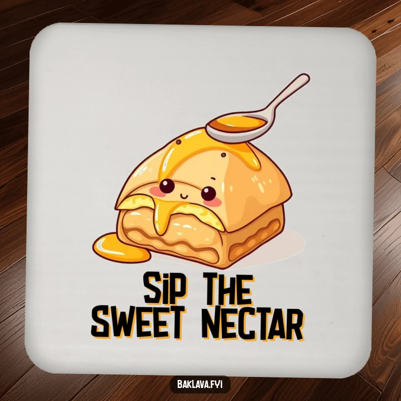 Funny coaster with a curious baklava character tasting honey with a spoon. Protects surfaces with sweet humor.