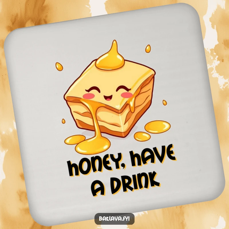 Funny baklava slice coaster with a cheerful dessert juggling honey drips, protecting surfaces with charming artwork.