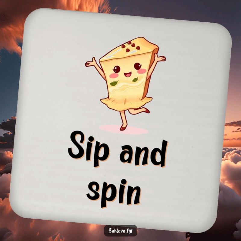 Funny baklava pirouette drink coaster showing a delighted baklava slice mid-dance move, protecting surfaces humorously.