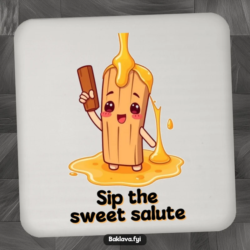 Funny coaster set featuring a cinnamon stick character comically saluting a giant honey drizzle, protecting surfaces with sweet-themed humor.
