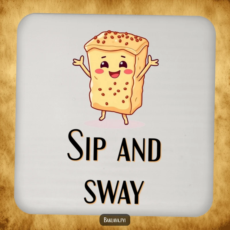 Funny baklava piece dancing happily on a drink coaster, adding sweet, dessert-themed humorous protection to surfaces.