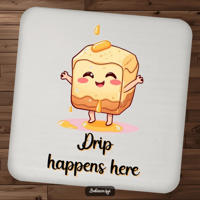 Funny smiling baklava pastry character dancing with syrup dripping, protecting surfaces with this funny coaster.