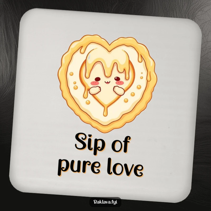 Funny coaster set featuring a honey drizzle character forming a heart around baklava, protecting surfaces with sweet, loving humor.