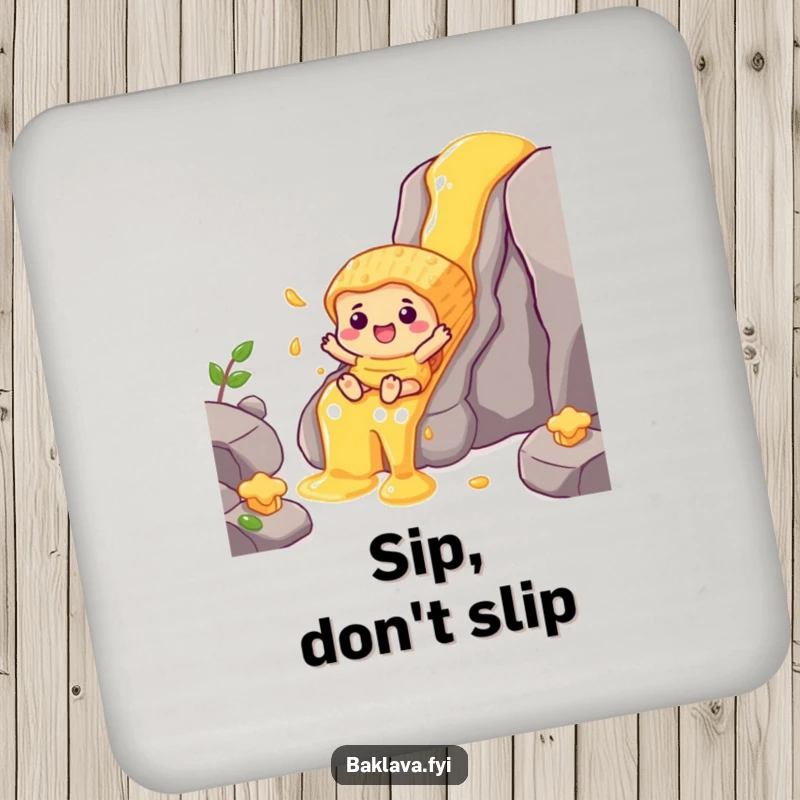 Funny baklava character sliding down a honey waterfall, a humorous and protective drink coaster.