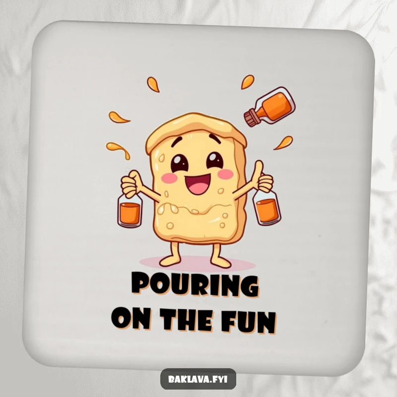 Funny baklava character juggling syrup bottles with glee, designed on a protective drink coaster. A sweet and humorous house accessory.