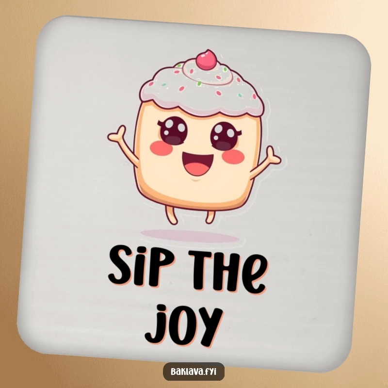 Funny, cheerful anthropomorphic pastry with frosting eyes leaping joyfully, as a protective drink coaster, delivering sweet and humorous baked good vibes.