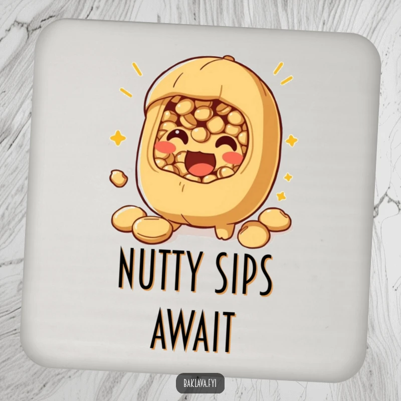 Funny nut filling coaster with a playful character bursting with excitement, protecting surfaces with flavorful art.