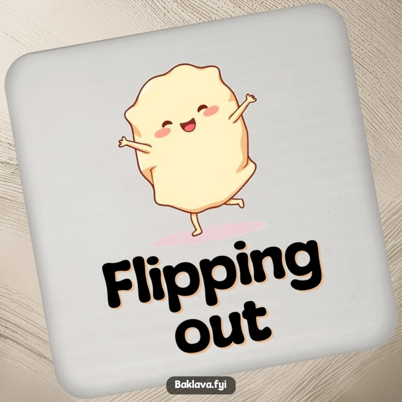 Funny phyllo dough coaster featuring a cheerful sheet doing a cartwheel, protecting surfaces with a dose of baking humor.