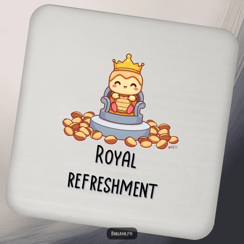 Funny shy baklava drink coaster with a crown and a pistachio throne, adding regal humor to your tables.