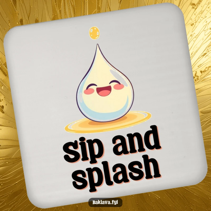 Funny giggling syrup droplet happily splashing on a set of drink coasters, providing humorous surface protection.