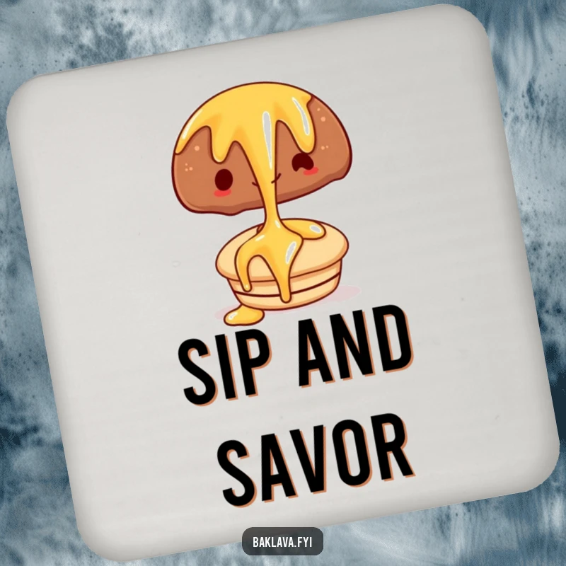 Funny coaster set with a happy syrup drizzle over a pastry, a practical and humorous addition to any table.