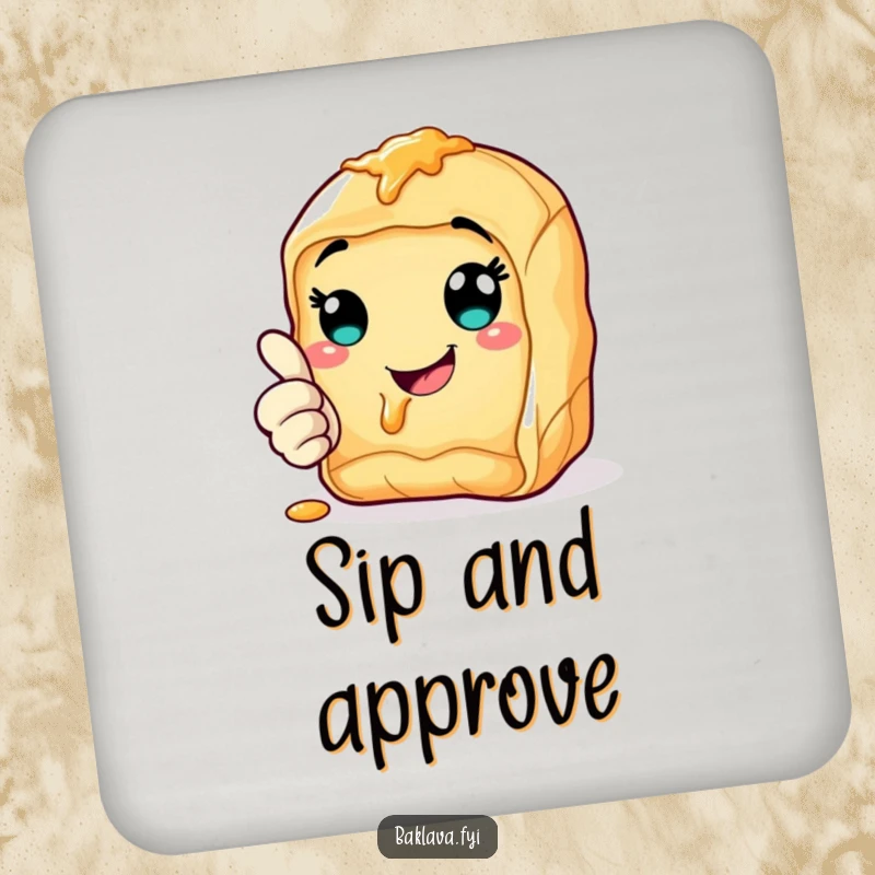 Funny cheerful baklava drink coaster giving a thumbs up with a syrupy smile, humorously protecting surfaces.