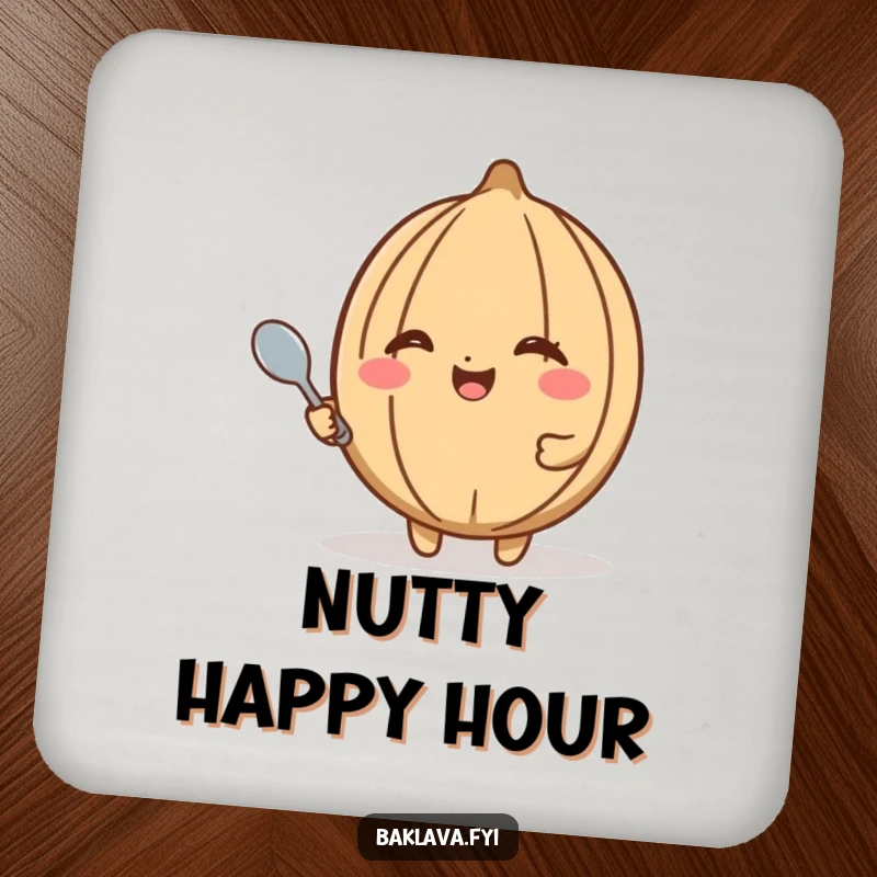 Funny walnut coaster featuring a happy walnut winking and holding a tiny spoon, protecting surfaces with a dose of nutty humor.