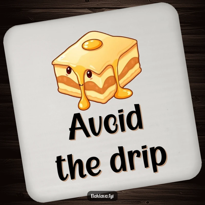 Funny wiggling baklava slice with syrup dripping on a drink coaster, adding saucy, dessert-themed humorous protection to surfaces.