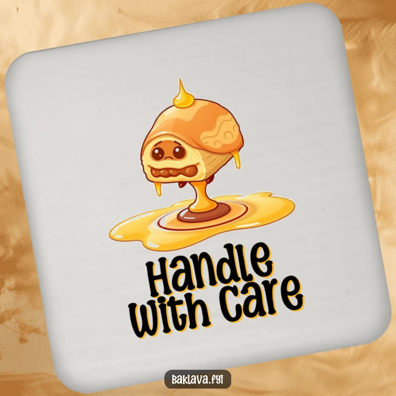 Funny wobbly baklava drink coasters, set protecting surfaces with baklava balancing on honey, sweet decor.