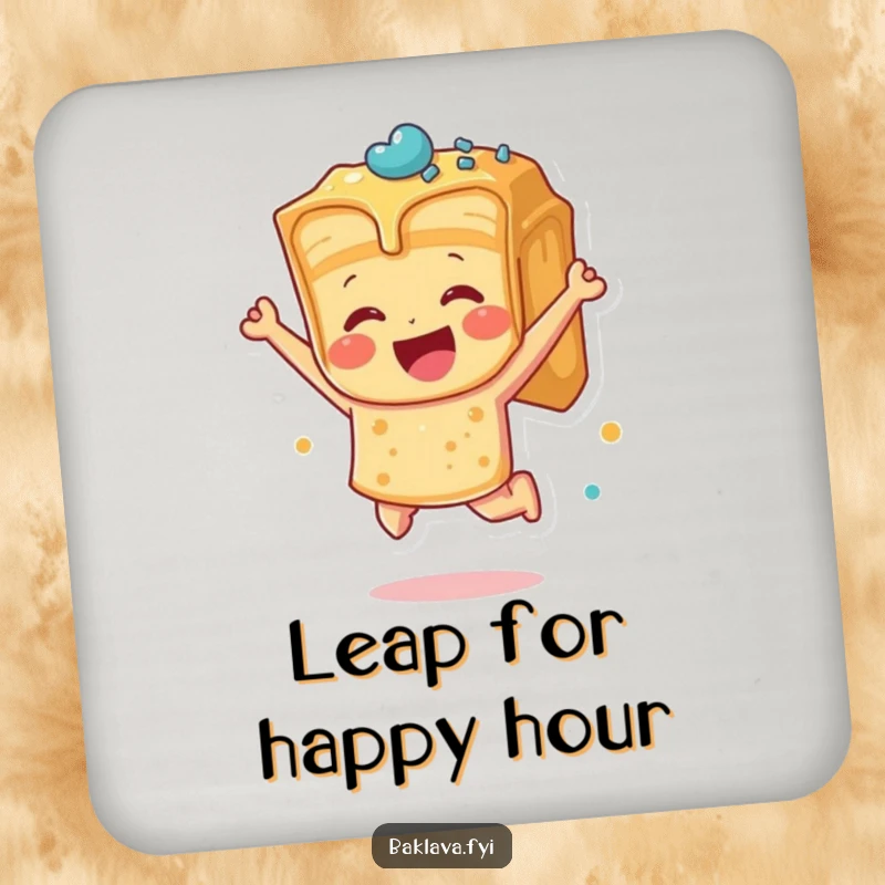 Funny baklava piece leaping with joy on a drink coaster, adding pure, dessert-themed humorous protection to surfaces.