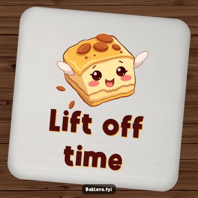 Funny Baklava Coaster featuring an almond-studded slice comically attempting to fly, adding hilarious humor to tables.