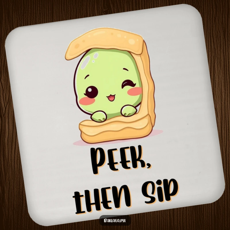 Funny drink coaster featuring a shy pistachio nut peeking from baklava, offering surface protection with adorable, humorous artwork. A practical and sweet item.