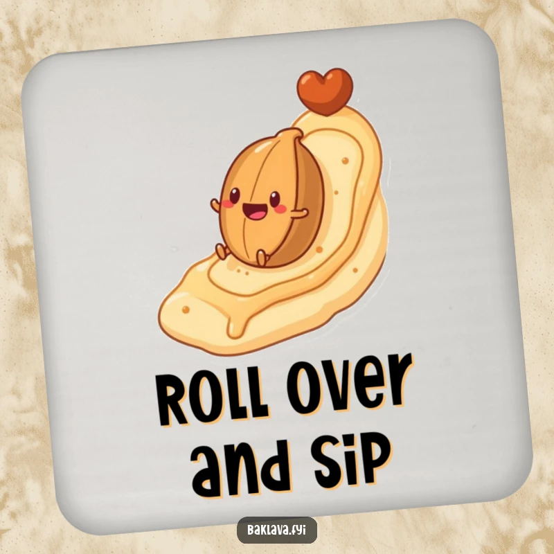 Funny coaster set featuring a nut character rolling down a flaky pastry hill, protecting surfaces with sweet, humorous charm.