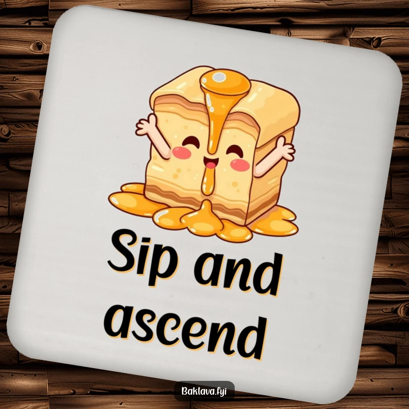 Funny happy baklava drink coasters, set protecting surfaces with baklava enjoying syrup waterfall, sweet decor.