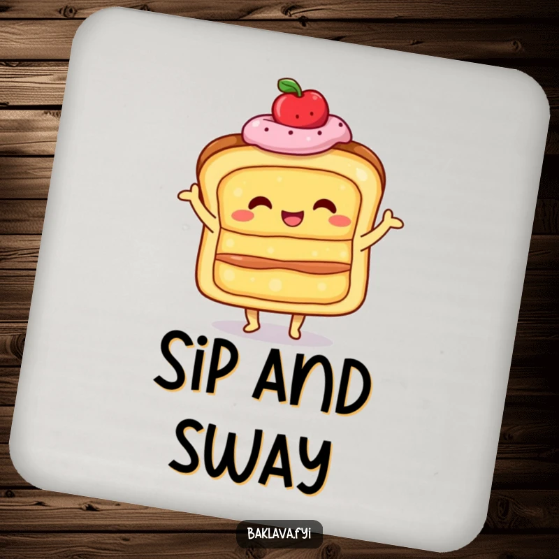 Funny happy, layered pastry doing a little shimmy, as a protective drink coaster, delivering celebratory and joyful baked good vibes.