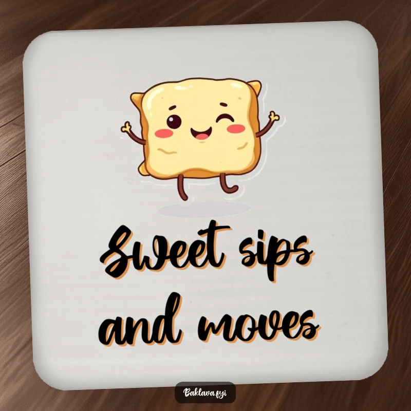Funny smiling baklava with legs, dancing playfully, adding a whimsical and humorous accent to this protective drink coaster.