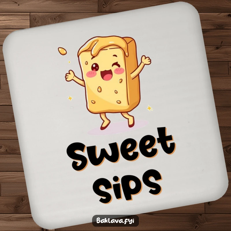 Funny syrupy baklava doing a happy dance, a cute and funny drink coaster.