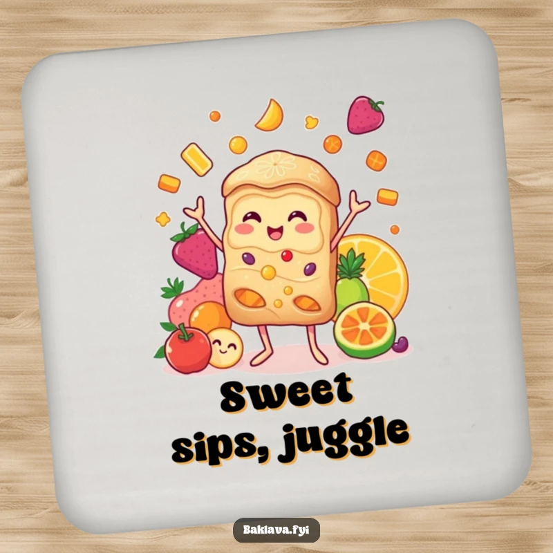 Funny baklava drink coaster with a cheerful character juggling candied fruits, protecting surfaces with humor.
