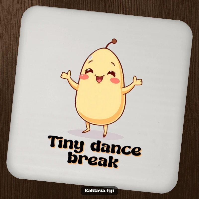 Funny jolly sesame seed doing a tiny jig on a set of drink coasters, providing humorous surface protection.