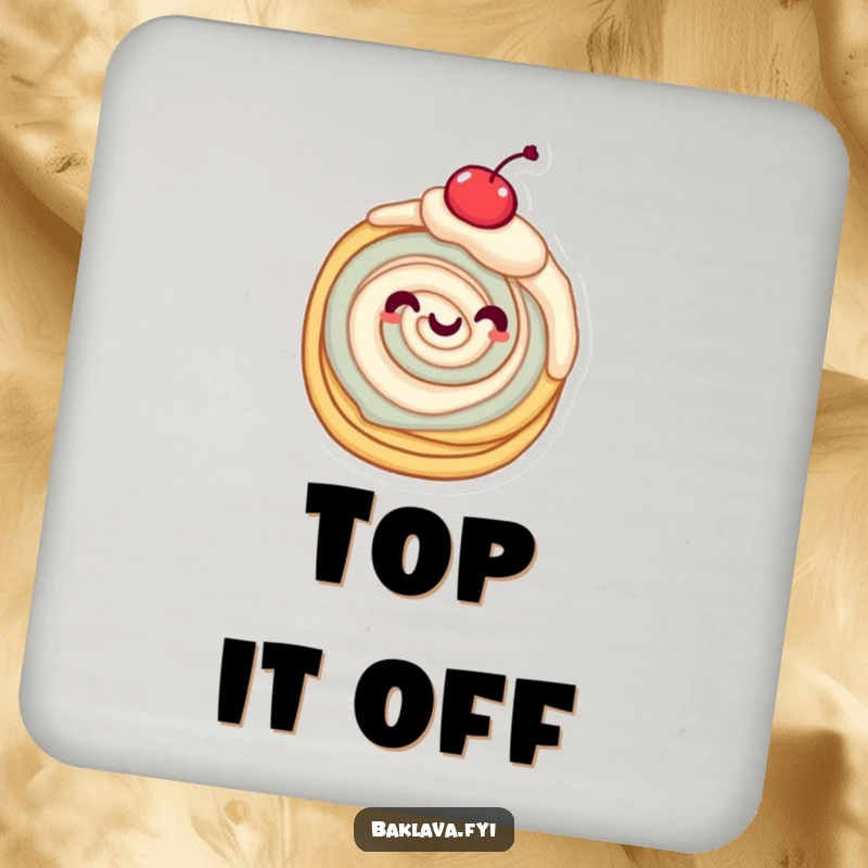 Funny layered pastry character twirling with a cherry on top, protecting surfaces with this funny coaster.