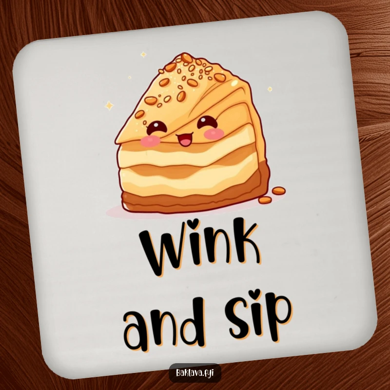 Funny baklava slice winking with nuts, protecting surfaces with this funny coaster.