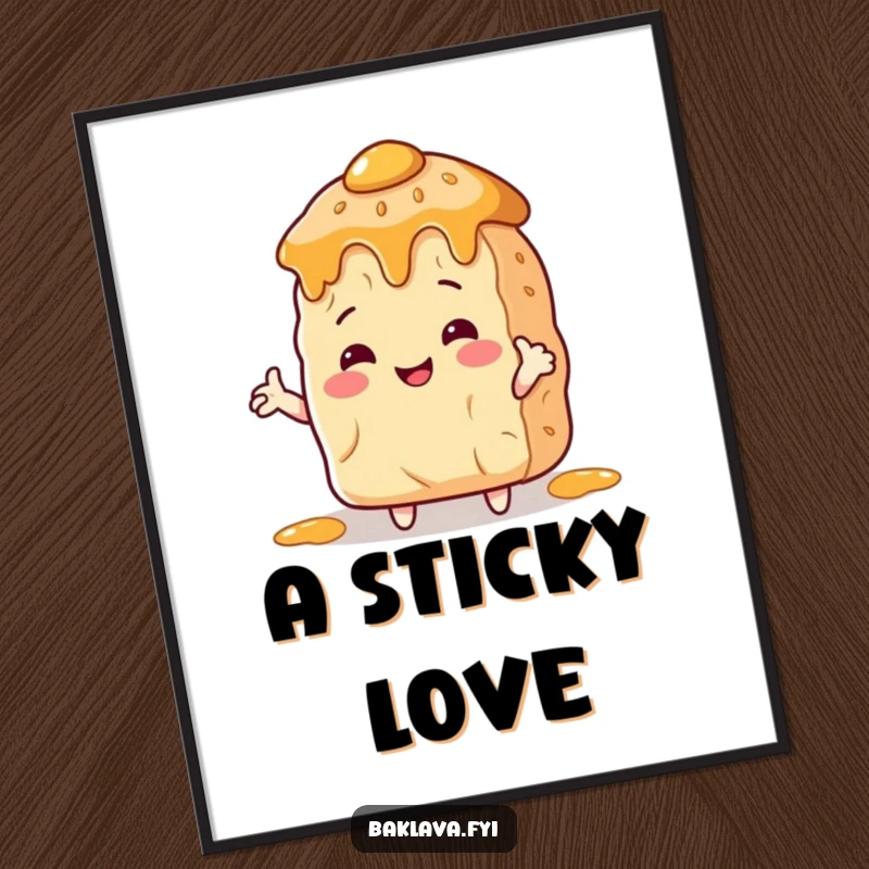 Funny Poster: A smiling baklava embracing a honey pot, a humorous and heartwarming piece of art.