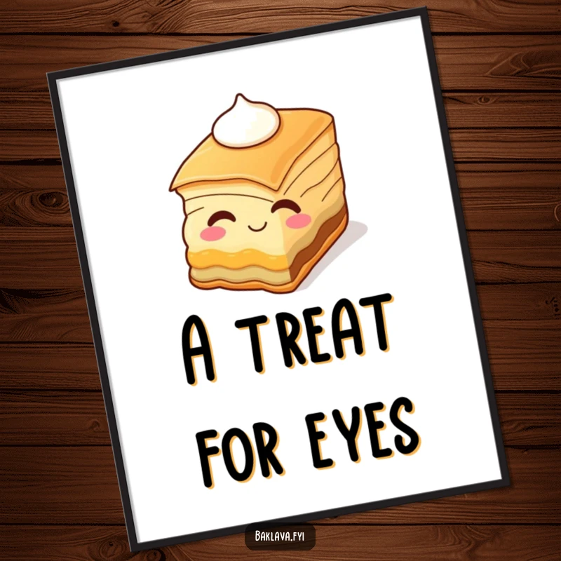 Funny baklava slice winking with a dollop of cream, as a sweet poster. Humorous dessert-themed wall art.