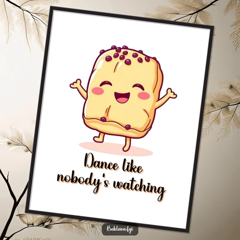Funny baklava pastry poster showcasing a smiling dessert in a dance pose, perfect wall art for kitchen or cafe.