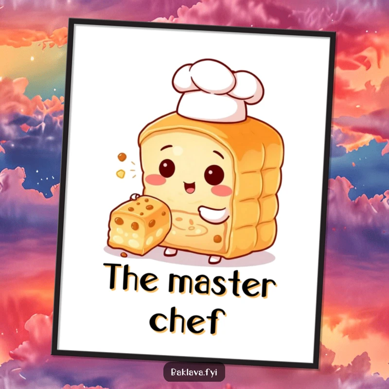 Funny baklava character chef in a small hat, offering a bite, a cute and humorous poster art.