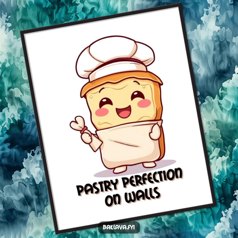 Funny baklava chef poster depicting a joyful pastry in a chef hat, holding a pastry bag, ready to create dessert art.