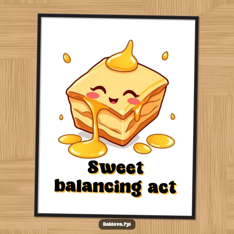 Funny baklava slice poster showcasing a cheerful dessert juggling honey drips, perfect for a kitchen or cafe.