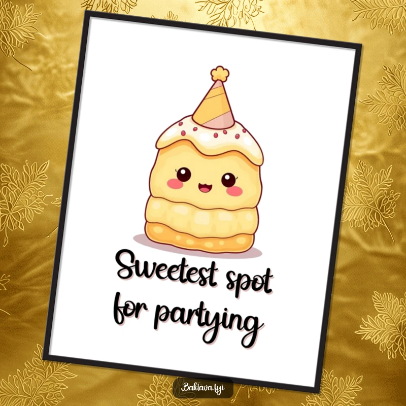Funny baklava poster featuring a festive character in a party hat, bringing a cheerful and humorous vibe to any wall decoration, perfect for dessert lovers.